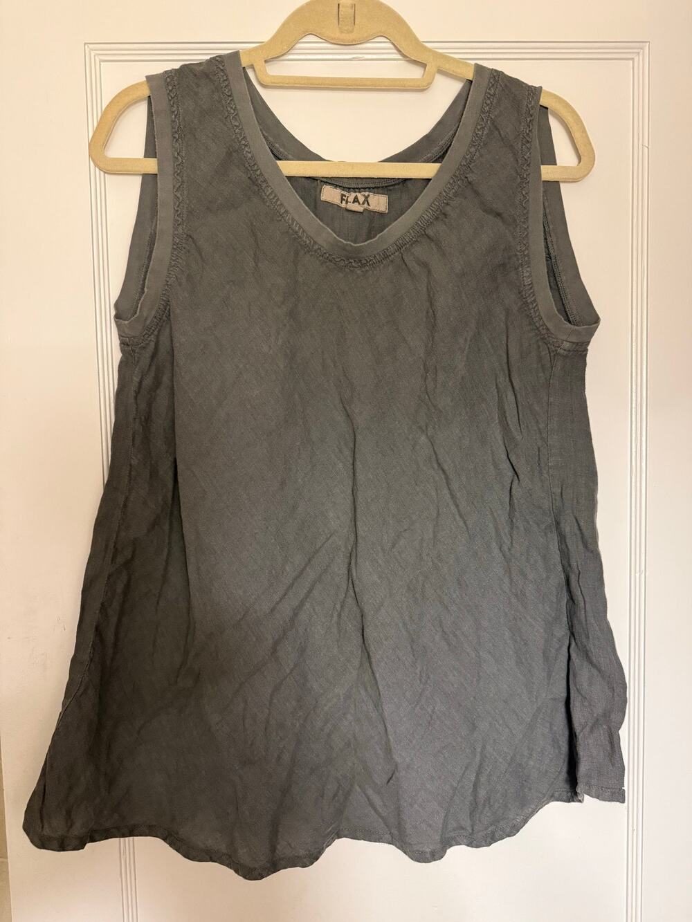 FLAX Linen Sleeveless Tank Top V-Neck Distressed Gray Blouse